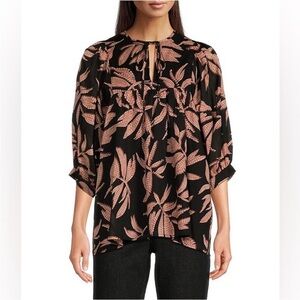 J. Marie Maria Woven Leaf Print Puff 3/4” Sleeve Blouse